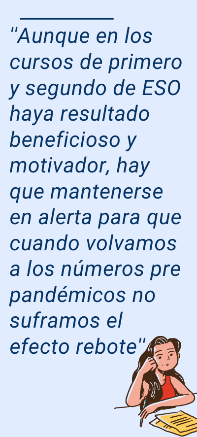 bajada de ratios: ''Aunque en los cursos de primero y segundo de ESO haya resultado beneficioso y motivador, hay que mantenerse en alerta para que cuando volvamos a los números pre pandémicos no suframos el efecto rebote''