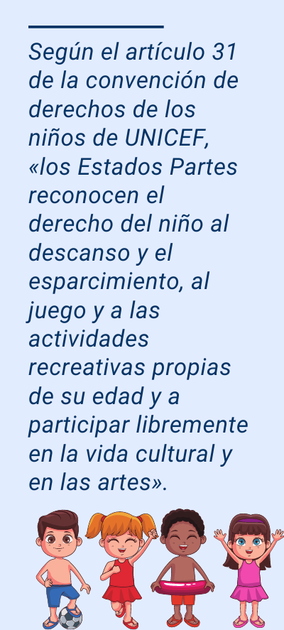 deberes en verano: Según el artículo 31 de la convención de derechos de los niños de UNICEF, «los Estados Partes reconocen el derecho del niño al descanso y el esparcimiento, al juego y a las actividades recreativas propias de su edad y a participar libremente en la vida cultural y en las artes».