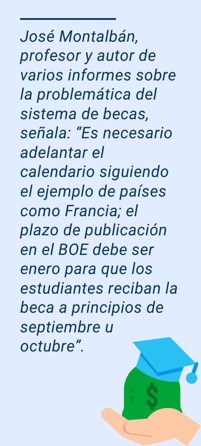 pago de becas: José Montalbán, profesor y autor de varios informes sobre la problemática del sistema de becas, señala: “Es necesario adelantar el calendario siguiendo el ejemplo de países como Francia; el plazo de publicación en el BOE debe ser enero para que los estudiantes reciban la beca a principios de septiembre u octubre”.