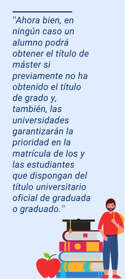 máster: ''Ahora bien, en ningún caso un alumno podrá obtener el título de máster si previamente no ha obtenido el título de grado y, también, las universidades garantizarán la prioridad en la matrícula de los y las estudiantes que dispongan del título universitario oficial de graduada o graduado.''