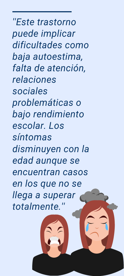 Trastorno por Déficit de Atención e Hiperactividad: ''Este trastorno puede implicar dificultades como baja autoestima, falta de atención, relaciones sociales problemáticas o bajo rendimiento escolar. Los síntomas disminuyen con la edad aunque se encuentran casos en los que no se llega a superar totalmente.''