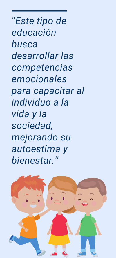 educación emocional: ''Este tipo de educación busca desarrollar las competencias emocionales para capacitar al individuo a la vida y la sociedad, mejorando su autoestima y bienestar.''